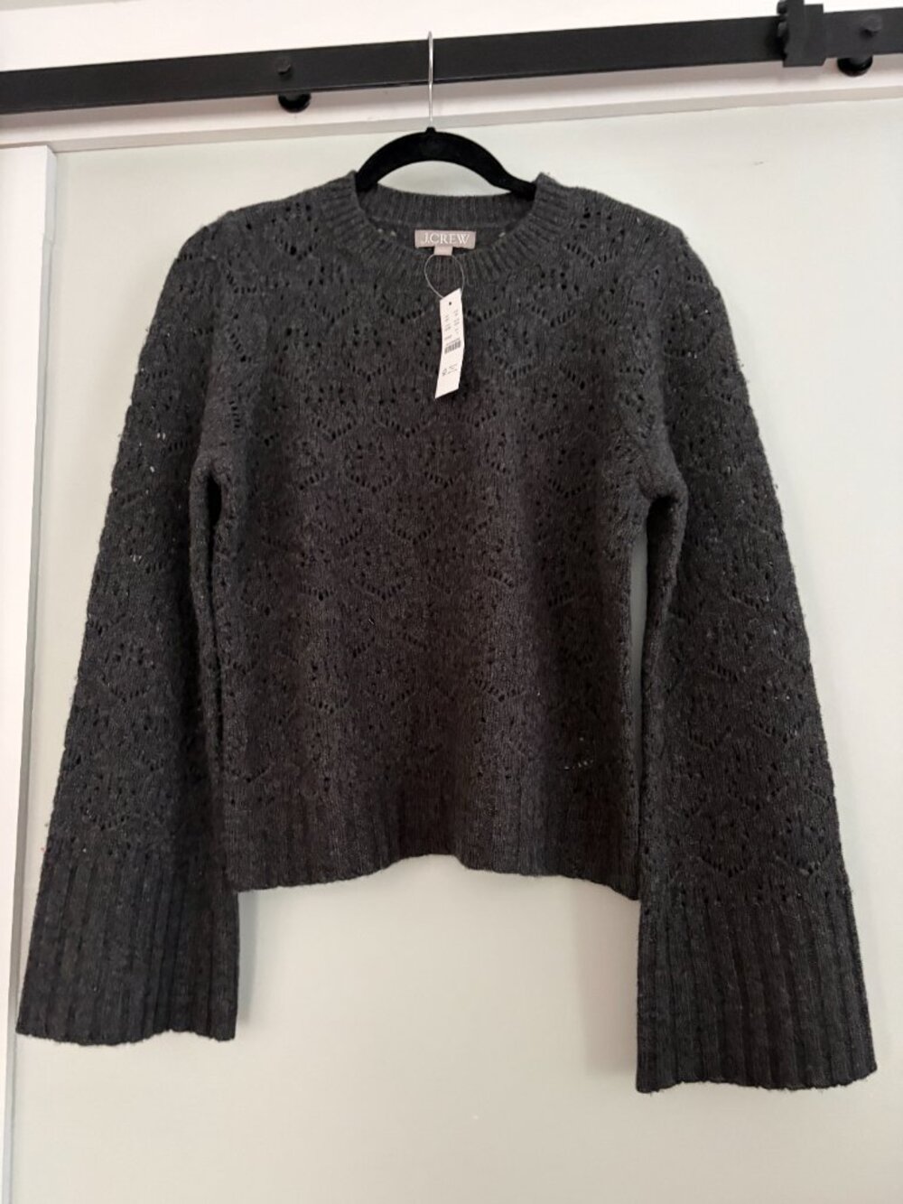 NWT JCrew Wide-sleeve pointelle crewneck sweater in merino wool Size S in gray